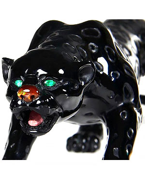 AMAZING 11.3" Black Obsidian & Emerald, Fire Agate & Rhodochrosite Carved Leopard