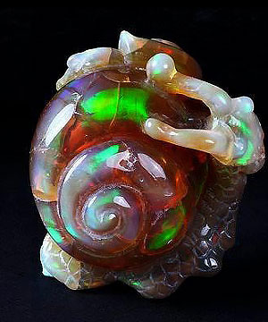 STUNNING African Crystal Opal Carved Crystal Snail, Strong Fire, Gemstone