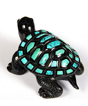 Stunning Opal Eyes 4.4" Turquoise & Black Obsidian Carved Crystal Turtle