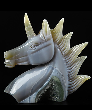 3.9" Gray & White Agate Carved Crystal Unicorn Sculpture, Crystal Healing