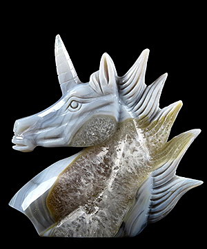 4.0" Gray & White Agate Carved Crystal Unicorn, Crystal Healing