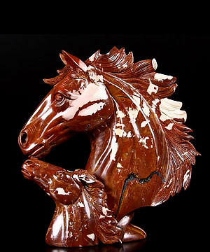 Red Noreena Jasper Carved Crystal Horse Heads Sculpture