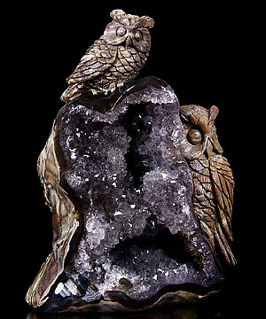 AMAZING UNIQUE GEODE HUGE 5.9" Dinosaur Egg Agate Carved Crystal Owls Sculpture