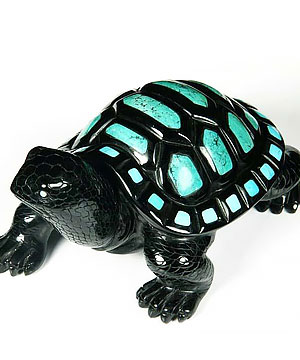 Opal Eyes 6.2" Turquoise & Black Obsidian Carved Crystal Turtle