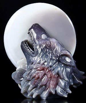 UNIQUE HUGE Fine Gemstone 5.2" Mozambique Agate Carved Crystal Wolf Head with Moon Sculpture #2700586