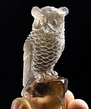 2.9" Smoky Quartz Rock Crystal Carved Crystal Owl Sculpture