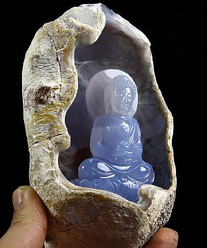 Gemstone Huge 5.9" Blue Chalcedony Carved Crystal Buddha Sculpture