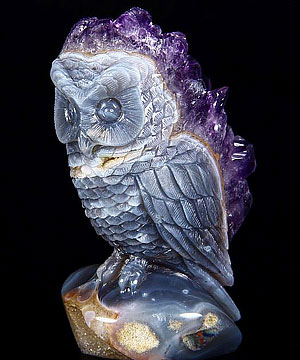 Amazing Nice 3.9" Amethyst Druse Agate Carved Crystal Owl Sculpture