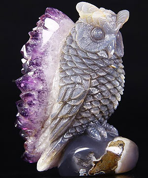 STUNNING 3.5" Agate Amethyst Druse Crystal Owl Sculpture