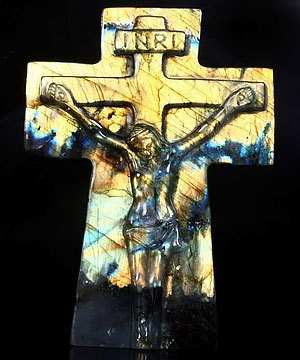 AMAZING FLASH 5.4" Labradorite Carved Crystal Jesus Cross