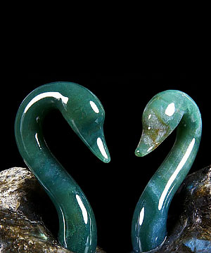 Labradorite&Green Moss Agate Carved Crystal Swans Set, amazing flash