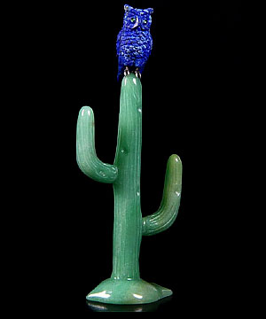 Green Aventurine & Lapis Lazuli Carved Crystal Owl on Cactus Sculpture Green Garnet, 925 Sterling Silver