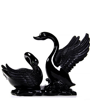 BEAUTIFUL 8.1" Black Obsidian Carved swan Crystal Swans Sculpture Green Garnet Eyes