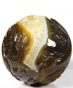 Agate Carved Crystal Two dragons play with a pearl Sculpture