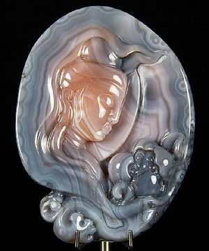 Fine Gemstone Huge 4.2" Mozambique Agate Carved Crystal Kwan-yin & Lotus Flower #2803687