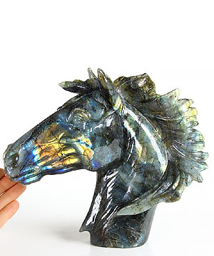 AMAZING FLASH Huge 8.5" Labradorite Carved Crystal Horse Head Sculpture
