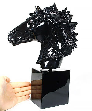 Giant 8.0" Black Obsidian Carved Crystal Horse Head Sculpture with Black Obsidian Stand