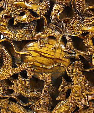 AWESOME TITAN 12.6" Gold Tiger Eye Carved Crystal Dragons Wall Sculpture