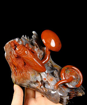 HUGE 6.3" African Bloodstone Carved Crystal Cicada & Mushroom Sculpture
