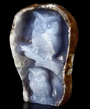 Gemstone Huge 5.1" Blue Chalcedony Carved Crystal Owls & Branch Sculpture