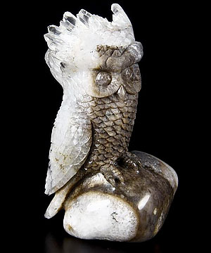 Nice 4.3" Quartz Druse Carved Crystal Owl Sculpture