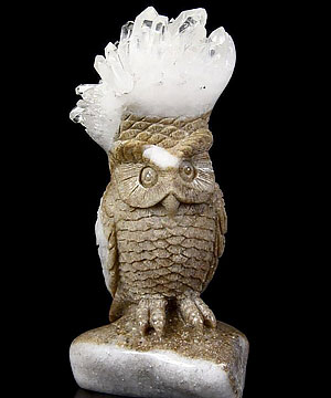Nice 4.6" Quartz Druse Carved Crystal Owl Sculpture