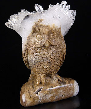 Nice 3.8" Quartz Druse Carved Crystal Owl Sculpture