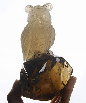 Huge 5.1" Smoky Quartz Rock Crystal Carved Crystal Owl Sculpture