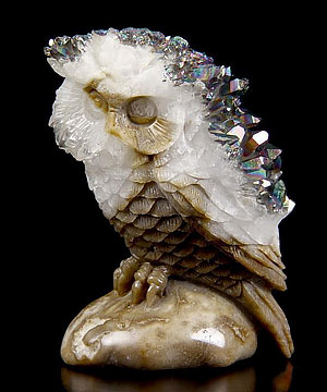 Rainbow Aura 2.5" Quartz Druse Carved Crystal Owl Sculpture