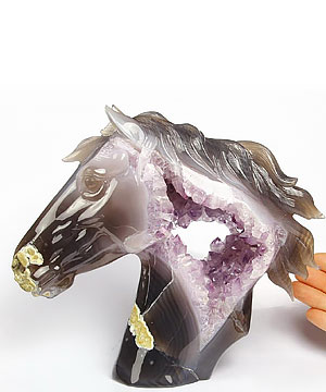 Awesome Huge 8.0“ Amethyst Geode Agate Carved Crystal Horse Head Sculpture