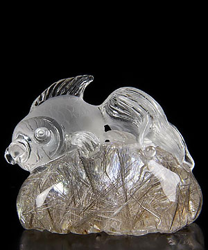 Gemstone 2.6" Rutilated Quartz Rock Crystal Carved Crystal Fish Sculpture, Crystal Healing
