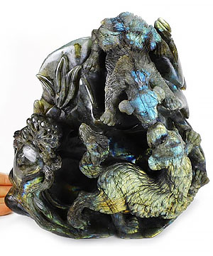 8.9" Labradorite Crystal Fortune Dogs Sculpture, Crystal Healing