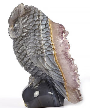 Stunning 4.0" Agate Amethyst Druse Crystal Owl Sculpture, Sculpture