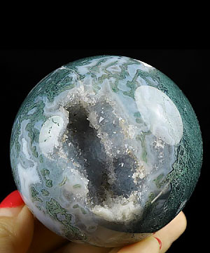 Geode 2.6" Green Moss Agate Carved Crystal Sphere Ball, Crystal Healing