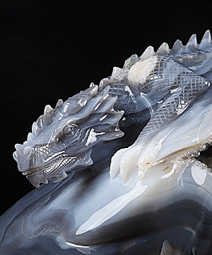 8.7" Gray & White Agate Geode Carved Crystal Dragon Sculpture, Crystal Healing