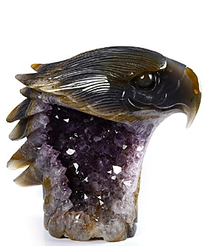 Awesome 8.3" Agate Amethyst Geode Carved Crystal Eagle Sculpture, Realistic, Crystal Healing