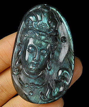 Flash 3.3" Labradorite Carved Kwan-yin Crystal Pendant, Crystal Healing