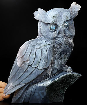9.9" Agate Amethyst Geode Carved Crystal Owl Sculpture, Crystal Healing