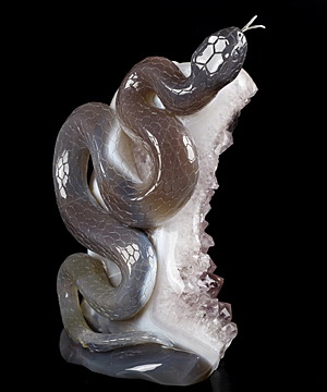 Huge 6.7" Agate Amethyst Geode Carved Crystal Snake with 925 silver tongue, Realistic, Crystal Healing