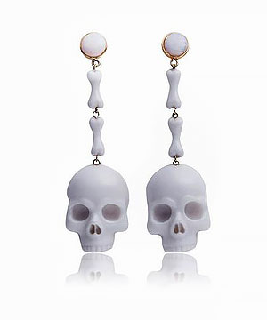 White Chalcedony & Opal Carved Skull Earrings, Solid Gold, Gemstone
