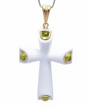 White Chalcedony Carved Cross Pendant, Peridot in Solid Gold