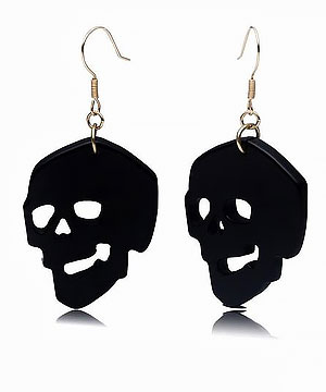Black Onyx Carved Skull Earrings, Solid Gold