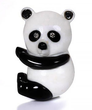 White Chalcedony & Black Onyx Carved Panda Brooch, Solid Gold, Diamond Eyes
