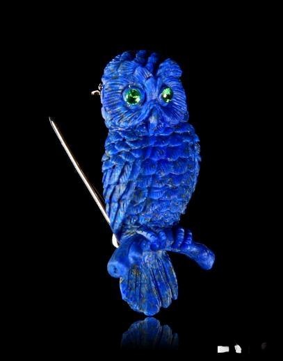 Lapis Lazuli Carved Owl Brooch, Gemstone, Tsavorite Eyes