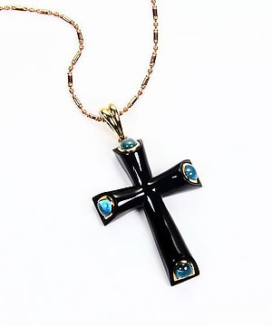 Black Onyx & Sky Blue Topaz & 18K Gold Cross Pendant