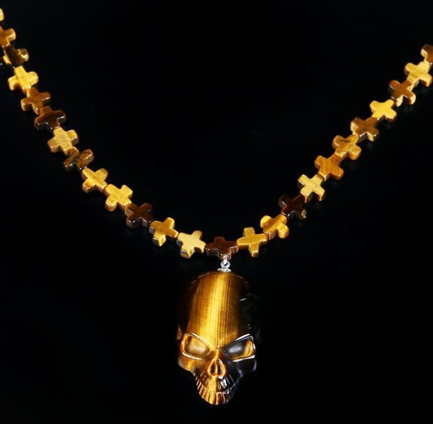 Gold Tiger Eye Crystal Alice Skull Pendant