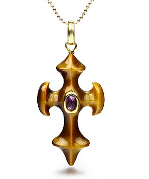 Gem Quality Tiger Eye Carved Crystal Cross Pendant with Faceted Amethyst in 18k Gold - Rikoo Exclusive