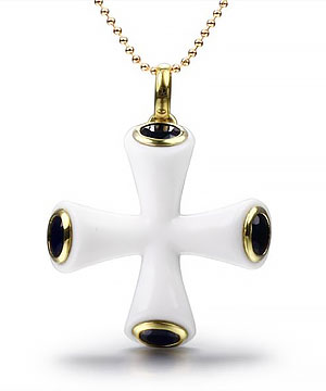 Gem Quality White Chalcedony Carved Crystal Cross Pendant with Sapphire in 18k Gold