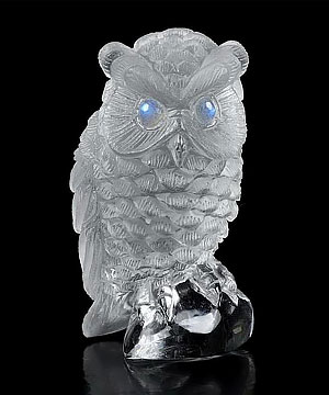 Clear 2.2" Quartz Rock Crystal Carved Crystal Owl With Labradorite Eyes Sculpture, Crystal Healing