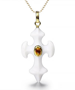 Gem Quality White Chalcedony Carved Crystal Cross Pendant with Faceted Citrine in 18k Gold